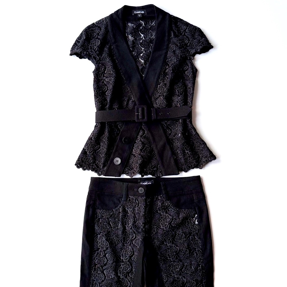 Bebe Black Lace Set – Top & Pants – Crochet-Tailored Look – Chic & Rare.